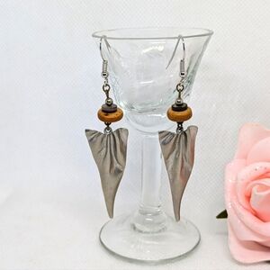 Vintage Artisan Earrings Silver Tone Wood Beads 3" Drop